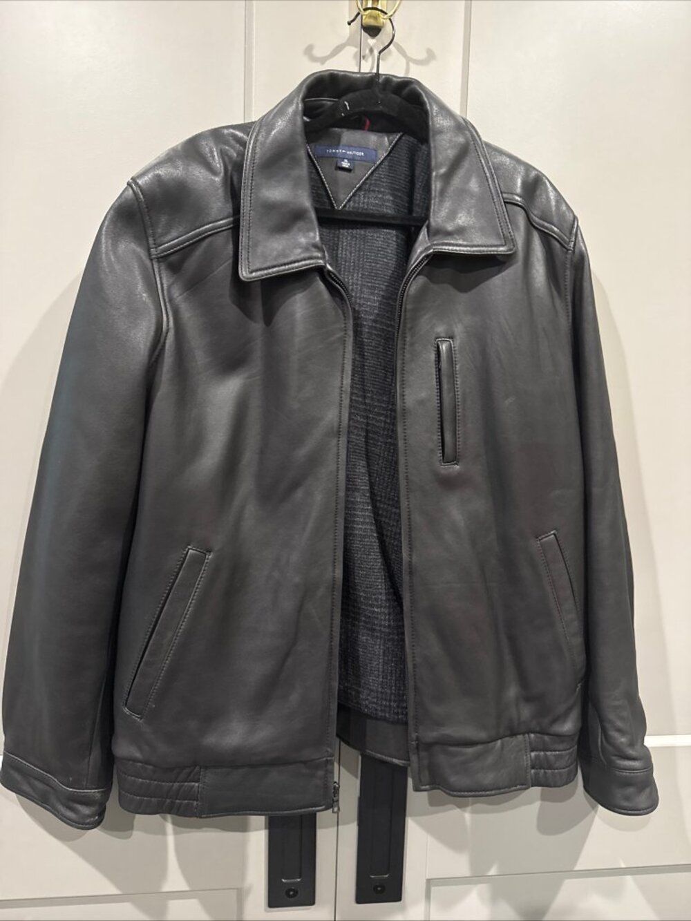 Tommy Hilfiger Men's XL Genuine Leather Jacket, Black, 5% wool plaid lining